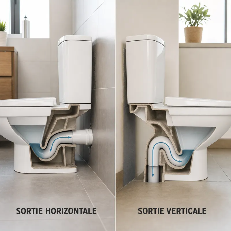 Comparaison des évacuations WC horizontale et verticale montrant la direction différente des canalisations