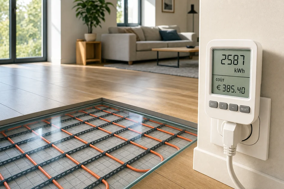 Vue d'un plancher chauffant électrique avec câbles visibles sous une section transparente et compteur de consommation affichant kWh et euros