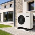 Maison moderne de 200 m2 avec une pompe à chaleur visible installée à l'extérieur