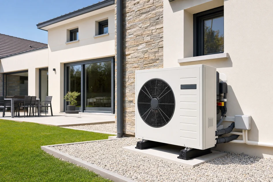 Maison moderne de 200 m2 avec une pompe à chaleur visible installée à l'extérieur