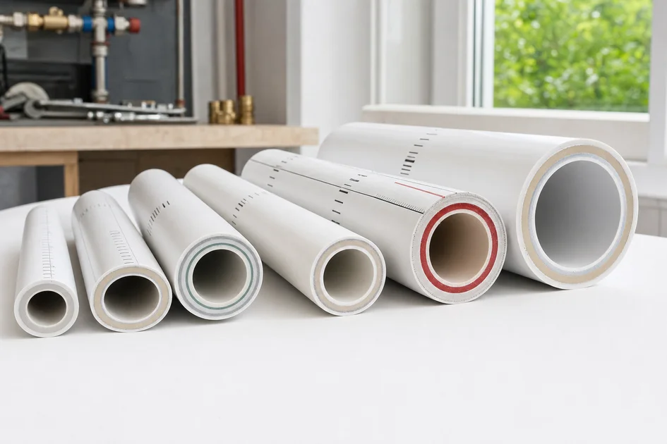 Différents tubes multicouches de diamètres variés posés côte à côte avec leurs marques de mesure visibles