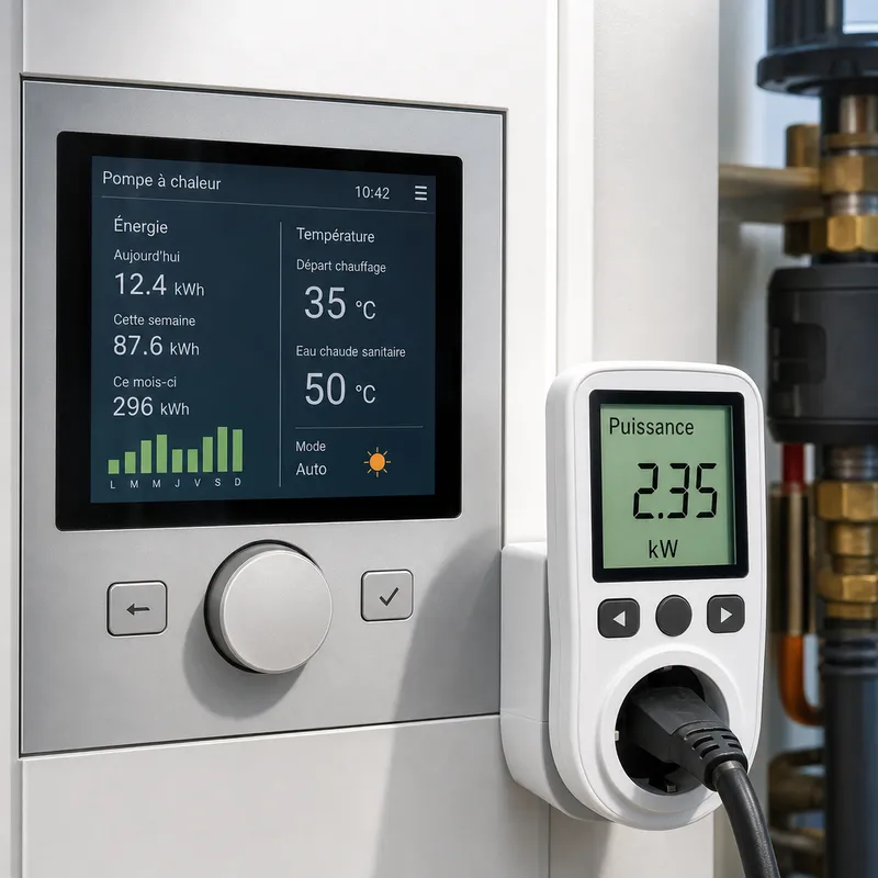 Panneau de contrôle d'une pompe à chaleur affichant la consommation énergétique
