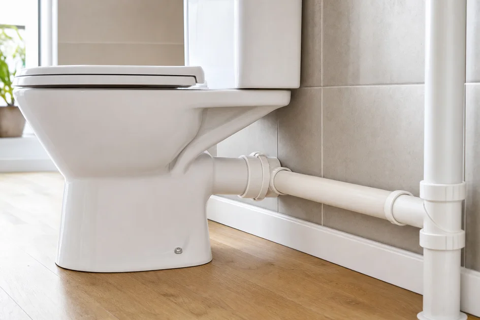 Vue rapprochée d'un WC moderne avec évacuation horizontale visible et raccord PVC propre dans une salle de bain lumineuse