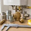 Différents raccords filetés pour gaz avec outils de mesure et ruban d'étanchéité sur un plan de travail propre
