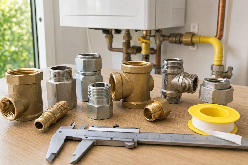 Différents raccords filetés pour gaz avec outils de mesure et ruban d'étanchéité sur un plan de travail propre