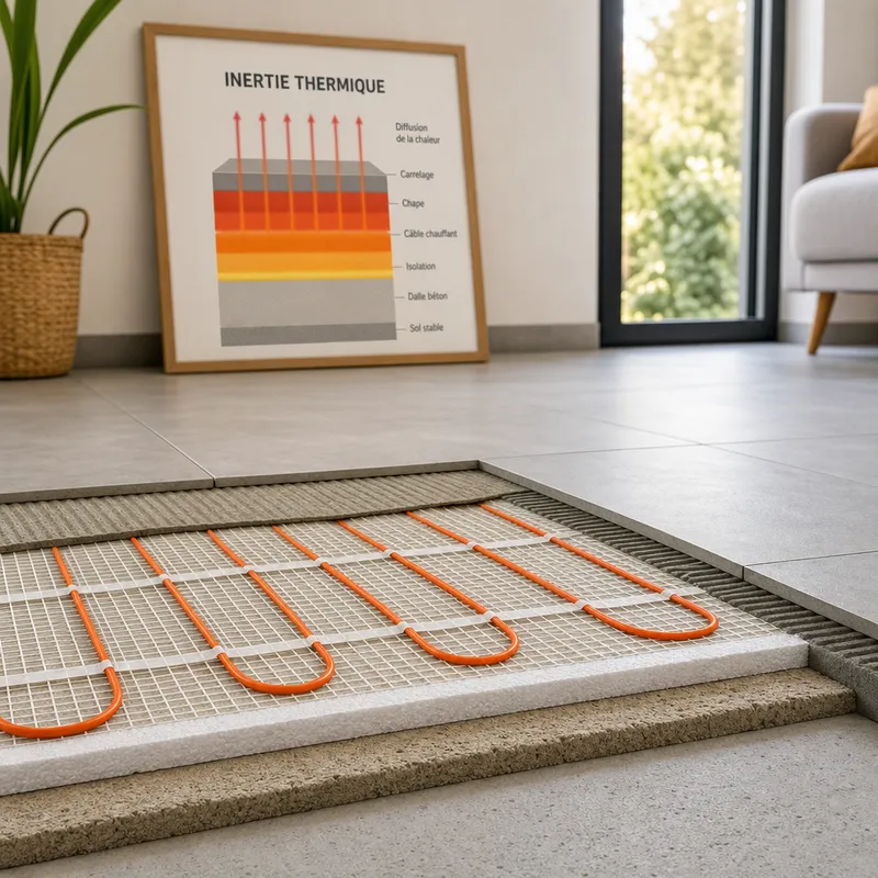 Détail d’un plancher chauffant électrique avec câble chauffant intégré et schéma d’inertie thermique