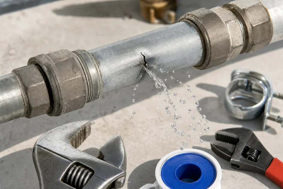 Fuite d'eau sous pression visible sur un tuyau avec outils de plomberie à proximité