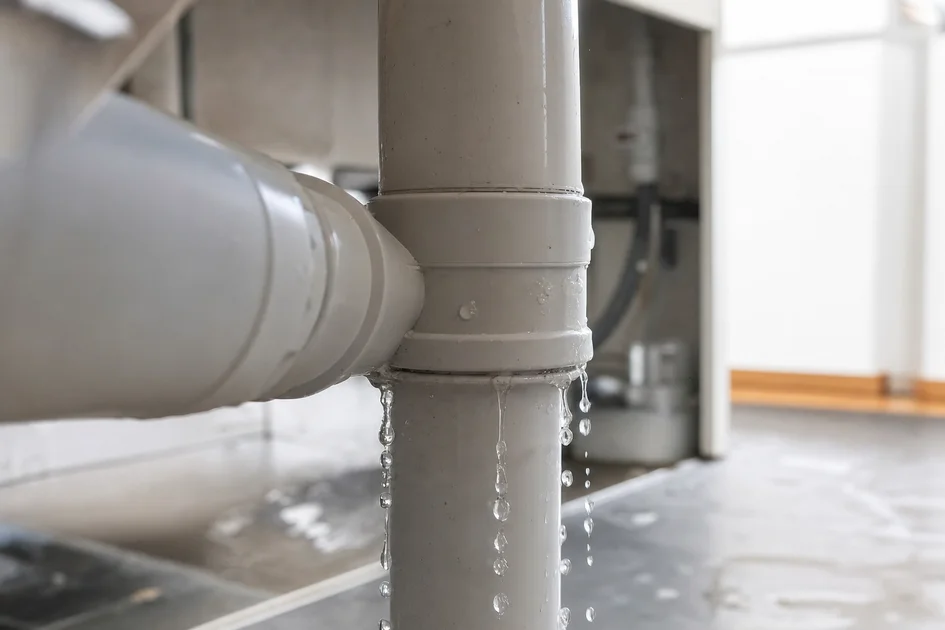 Fuite visible sur un raccord PVC mal collé avec des gouttes d'eau s'échappant