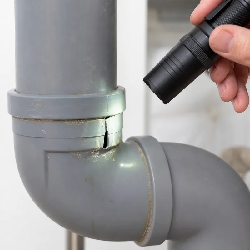 Inspection d'un raccord PVC mal collé avec un éclairage pour détecter les fissures