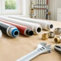 Vue rapprochée de tubes multicouches avec raccords et outils sur une table propre, illustrant l'installation multicouche