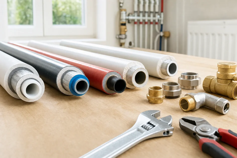 Vue rapprochée de tubes multicouches avec raccords et outils sur une table propre, illustrant l'installation multicouche