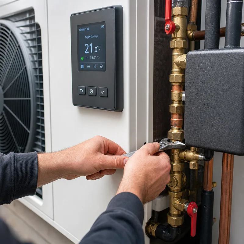 Installation d'une pompe à chaleur avec raccordements et réglages techniques précis