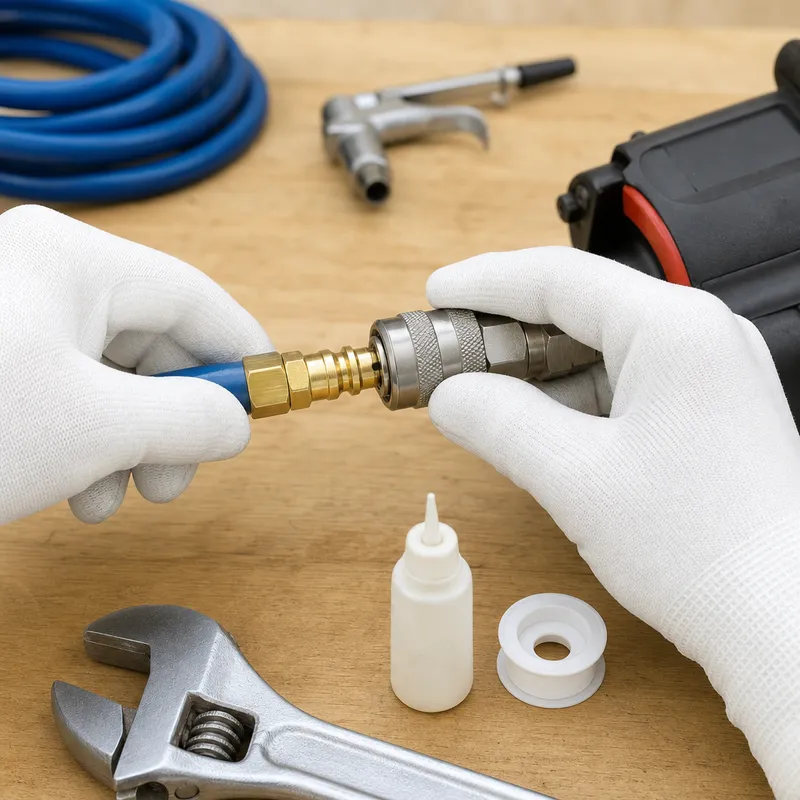 Installation d’un raccord pneumatique à connexion rapide sur un tuyau avec mise en avant du mécanisme de verrouillage