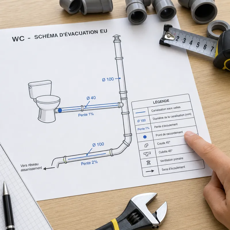 Détail d’un schéma d’évacuation de WC avec une main pointant la légende