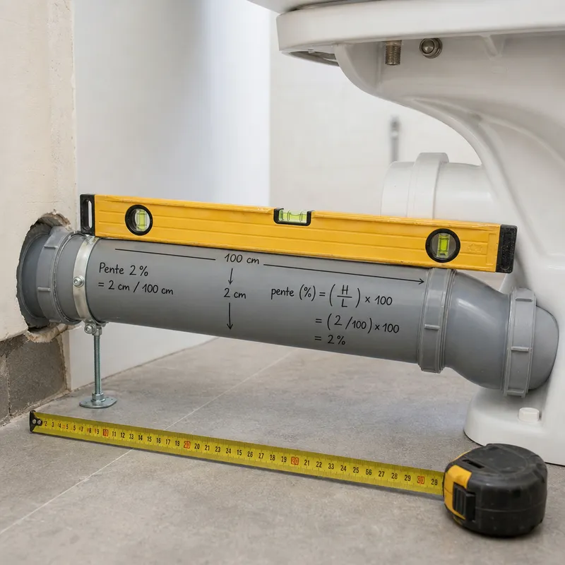 Mesure précise de la pente d’une conduite d’évacuation WC avec un niveau à bulle et un mètre ruban