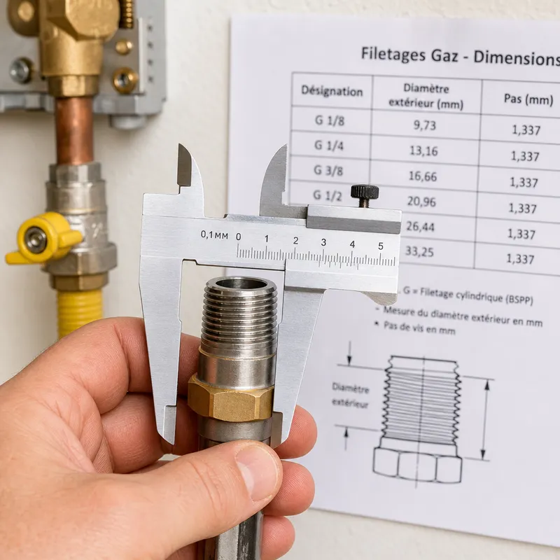Mesure d’un filetage gaz avec un pied à coulisse devant un tableau de correspondance