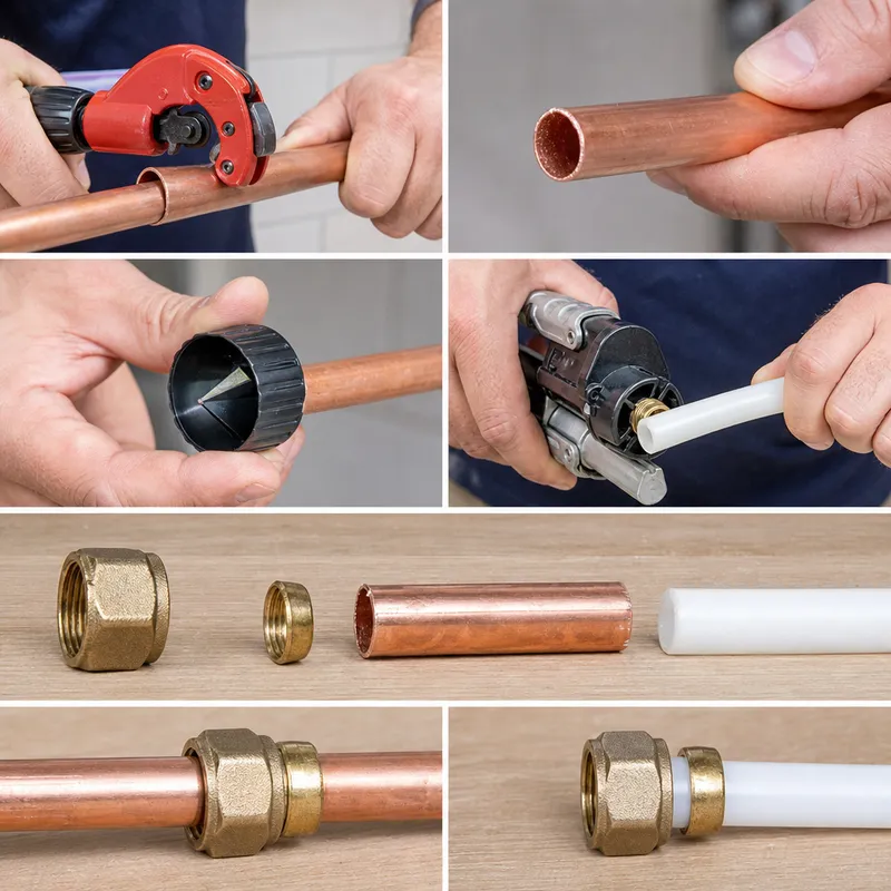 Installation d’un raccord à compression entre tube cuivre et PER avec outils spécifiques