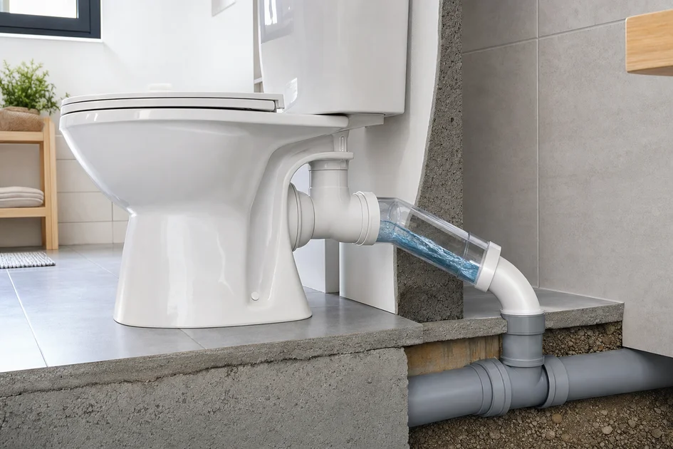 Vue rapprochée d’un WC avec une évacuation en PVC montrant clairement la pente recommandée pour l’évacuation des eaux usées