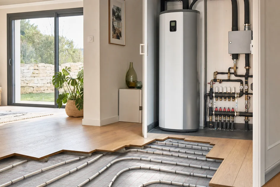 Vue d'un plancher chauffant intégré avec une pompe à chaleur dans une maison moderne
