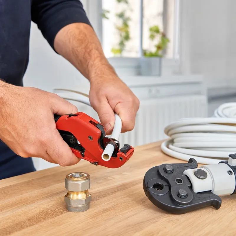 Découpe précise d'un tube multicouche avec outils de pose et raccords en arrière-plan