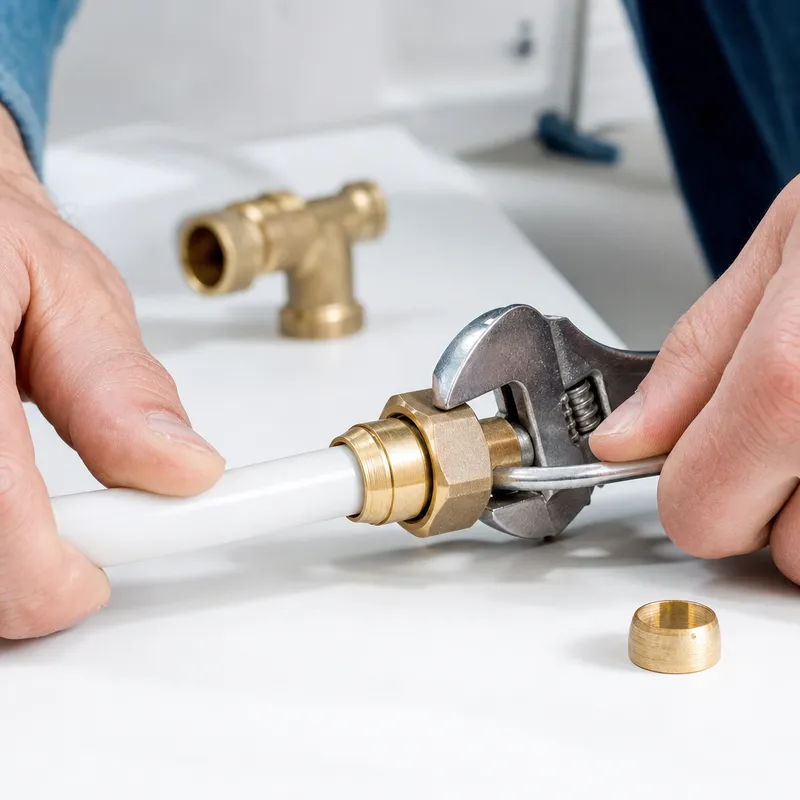 Installation étape par étape d’un raccord PER à compression sur un tuyau PER avec outil de serrage