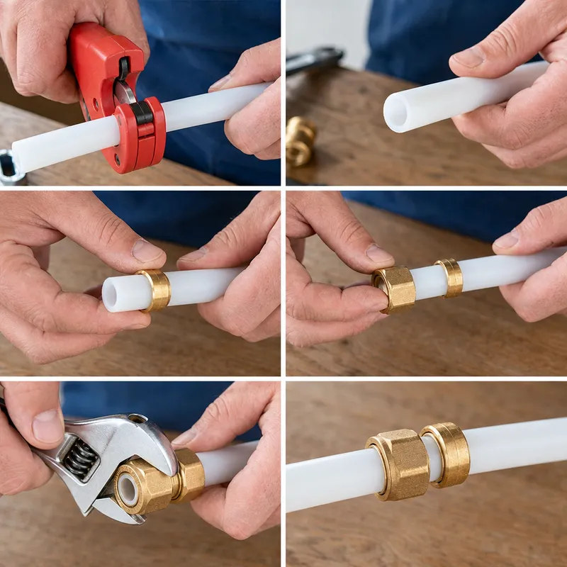 Installation d’un raccord PER avec coupe du tuyau, anneau de compression et serrage de l’écrou