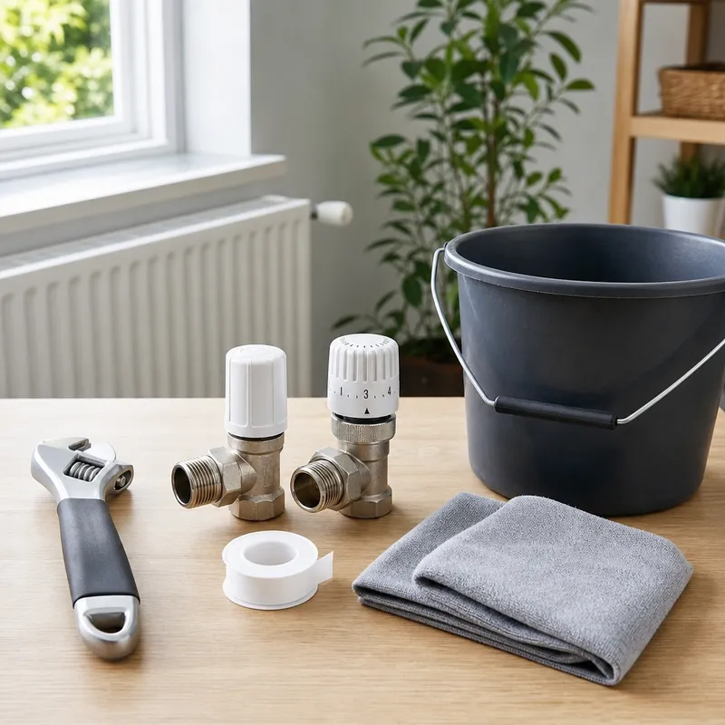 Outils et pièces nécessaires pour remplacer un robinet de radiateur, présentés sur un établi propre.