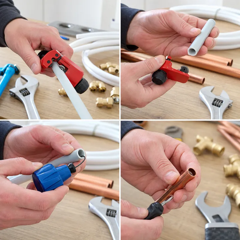 préparation des tubes cuivre et multicouche avec coupe-tube et outils de finition avant raccordement