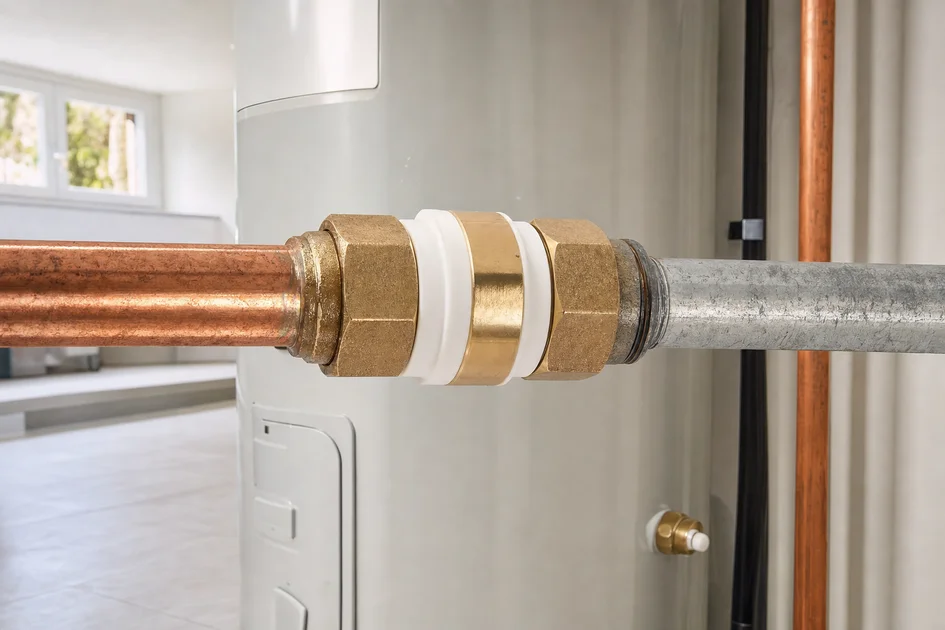 Raccord diélectrique installé entre tuyau cuivre et tuyau acier près d'un chauffe-eau domestique