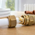 Raccord PER à compression fixé sur un tuyau PER blanc dans un atelier propre