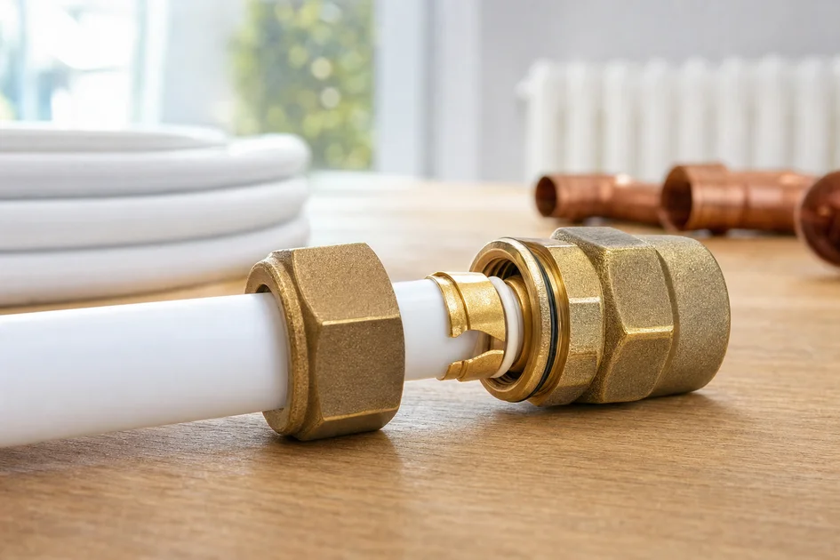Raccord PER à compression fixé sur un tuyau PER blanc dans un atelier propre