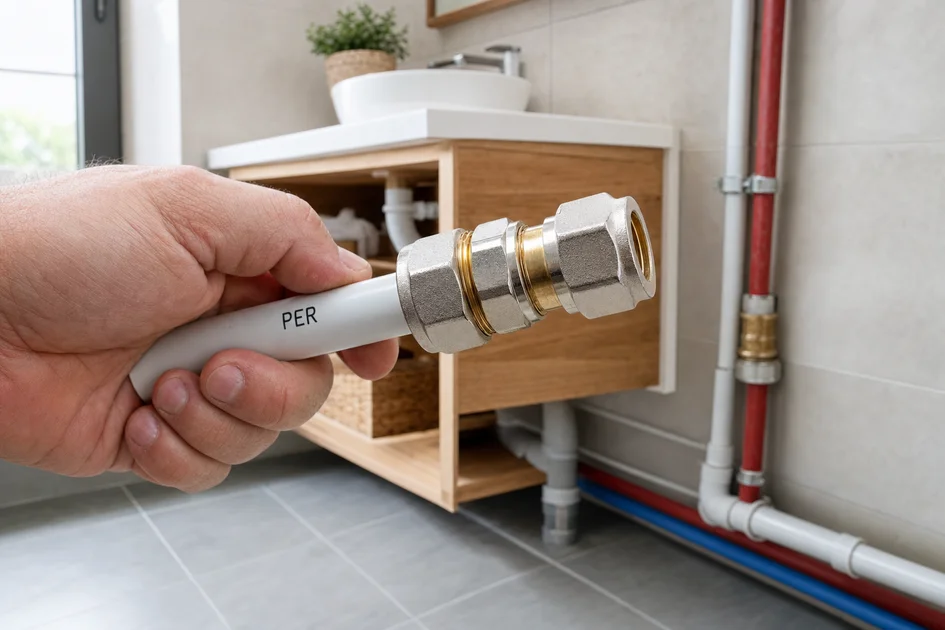 Raccord PER fixé sur un tuyau PER dans une salle de bain moderne