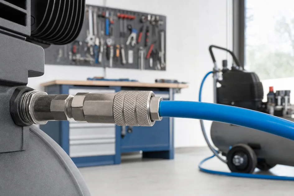 Raccord pneumatique à connexion rapide fixé à un tuyau bleu dans un atelier moderne