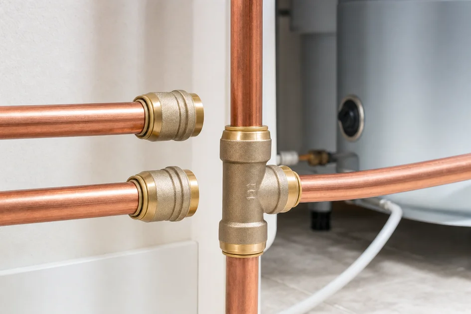 Raccords push-fit sans soudure installés sur des tuyaux cuivre dans une installation moderne