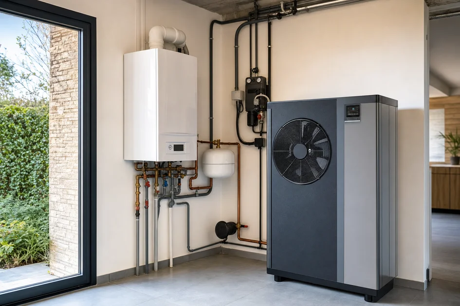 Remplacement d'une chaudière gaz par une pompe à chaleur dans une chaufferie moderne et propre