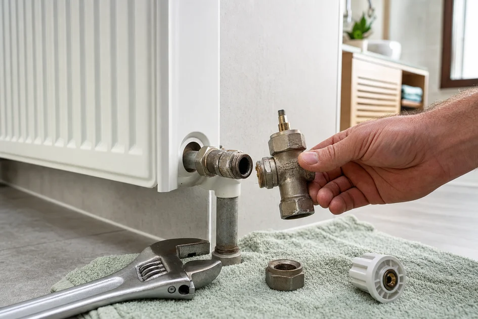 Remplacement d’un robinet de radiateur avec une clé sur un raccord métallique dans une salle de bain moderne.