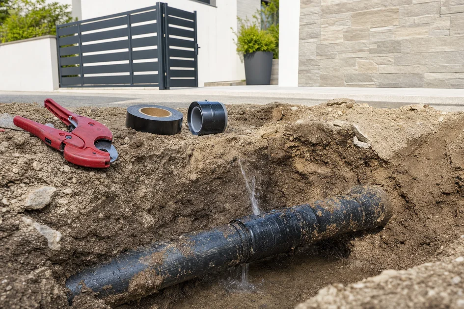 Réparation d'une fuite d'eau sur une canalisation enterrée avec outils et tuyau endommagé visible