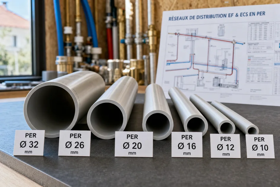 Différents diamètres de tuyaux PER disposés avec leurs mesures visibles sur une table d'atelier propre
