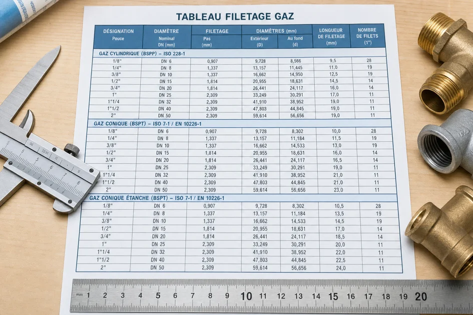 Tableau de filetage gaz avec un pied à coulisse et une règle pour mesurer les filetages