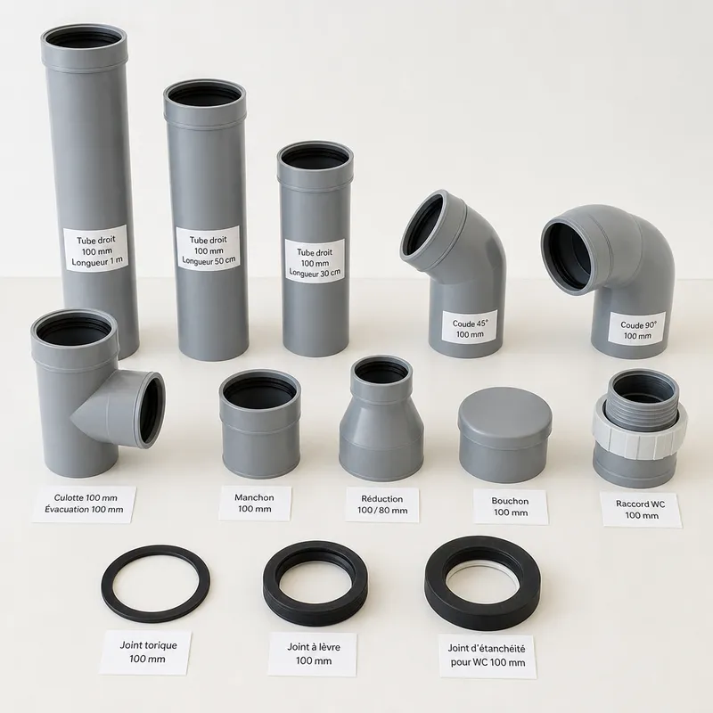Différents types de pipes et raccords en diamètre 100 mm pour évacuation WC présentés sur un établi blanc